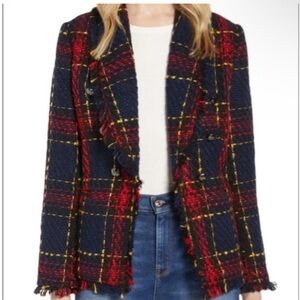 Halogen Plaid tweed Fringe Blazer